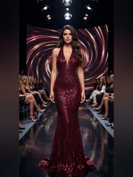 Dresses & Skirts - Sleeveless Burgundy Sequin Halter Prom Gown
